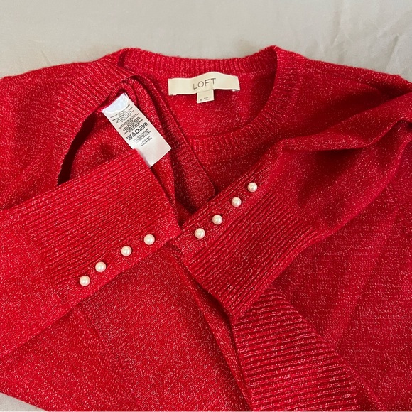 Loft Red Sweater Pearl sleeve Wool Blend Round Neck Long Sleeve size M - Picture 8 of 15